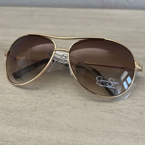 Jessica Simpson J106 GLD Aviator Sunglasses Gold Tone Brown Sunnies Shades - Picture 1 of 13